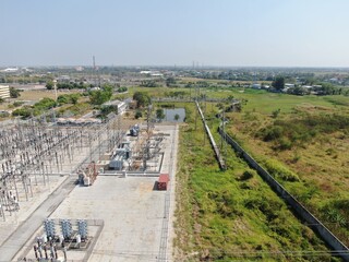 Top View High Voltage Electrical Substation by drone