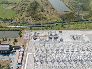 Top View High Voltage Electrical Substation by drone