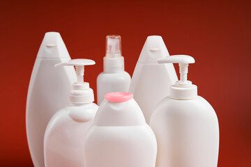 A various shapes blank white plastic bottles of soap products