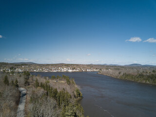 Aerial drone image of the town of Bucksport on Penobscot bay on the Maine Coast