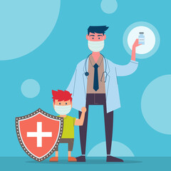 Doctor hold vaccine bottle and cute little boy.