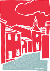 Vector print design with Mediterranean seaside town theme.