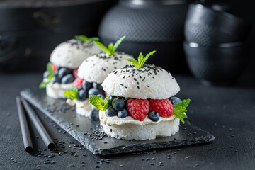 Delicious sush burger with berries and sesame on stone plate.