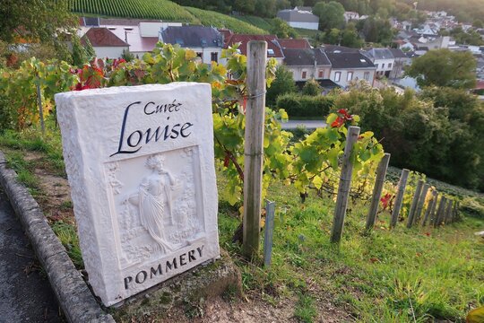 Vignoble champenois, borne vigneronne en pierre blanche sculptée "Cuvée Louise", de la marque Pommery, dans une parcelle de vigne du village de Verzenay en Champagne – octobre 2019 (France)