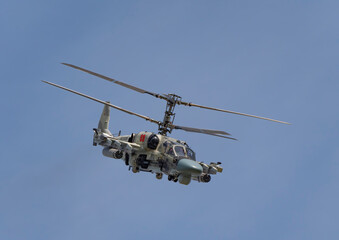 Fototapeta na wymiar ZHUKOVSKY, RUSSIA - SEPTEMBER 01, 2019: Demonstration of the Kamov Ka-52 Alligator attack helicopter of the Russian Air Force at MAKS-2019, Russia.