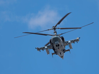 MOSCOW, RUSSIA - MAY 7, 2021: Avia parade in Moscow. helicopter ka-52 in the sky on parade of...