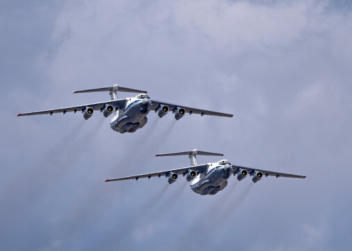 MOSCOW, RUSSIA - MAY 7, 2021: Avia parade in Moscow. Ilyushin Il-76 multi-purpose four-engined strategic airlifters fly in the sky on parade of Victory in World War II in Moscow, Russia