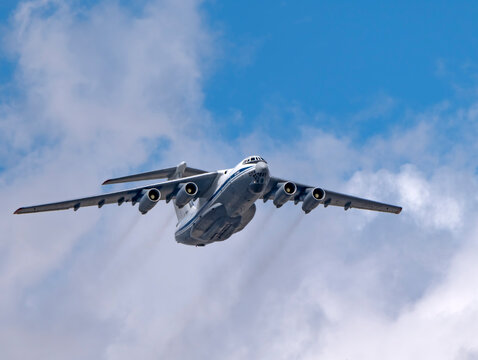MOSCOW, RUSSIA - MAY 7, 2021: Avia parade in Moscow. Ilyushin Il-76 multi-purpose four-engined strategic airlifters fly in the sky on parade of Victory in World War II in Moscow, Russia