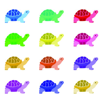 Turtle, vector image. The symbol of the universe. Set of multi-colored turtles.