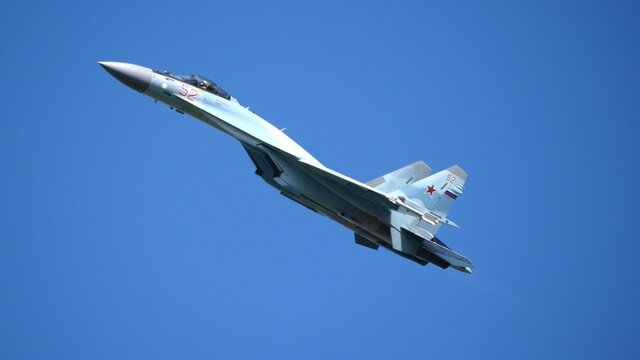 Moscow Russia Zhukovsky Airfield 31 August 2019: aerobatic Su-35 perfoming demonstration flight of the international aerospace salon MAKS-2019