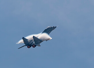 Moscow Russia Zhukovsky Airfield 31 August 2019: aerobatic MiG-29 perfoming demonstration flight of the international aerospace salon MAKS-2019