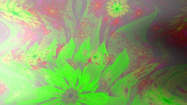 Psychedelic wavy and rippling mesmerizing color changing abstract fractal background with intricate changing and twisting space flowers and stars in ghastly grey glowing colors