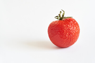 wrinkled red tomato isolated on white background. close up. macro.