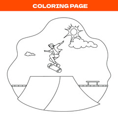 Coloring page of modern urban skateboard park illustration. Man in casual clothes skateboarding and showing exciting tricks with his skate. Sports activities in the summer. 