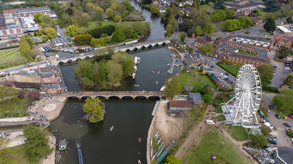An aerial view of the centre of the historic town of Stratford upon Avon in Warwickshire, UK