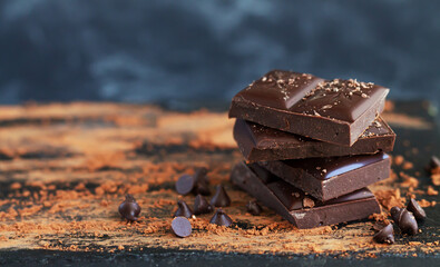 Chocolate pieces stack with chocolate flakes, drops and cocoa powder on dark background