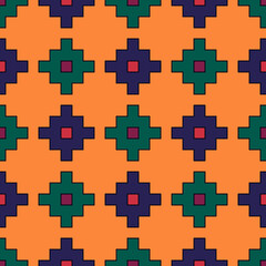 Inca crosses, squares, checks seamless pattern. Ethnic ornament. Folk background. Geometric wallpaper. Tribal motif. Ancient mosaic. Cross, square shapes. Ethnical textile print, abstract. Vector art