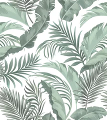 Wallpaper murals Tropical Leaves Green tropical palm leaves seamless vector pattern on the black background.Trendy summer print.
