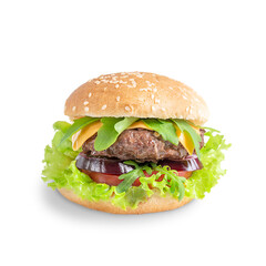 Single homemade organic juicy hamburger sandwich made of grilled beef ground meat, lettuce, rocket salad, cheese, tomatoes and onion inside sliced bun bread isolated on white background