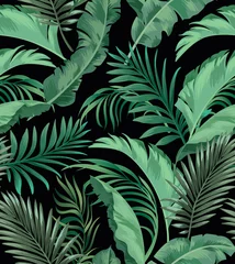 Wall murals Tropical Leaves Green tropical palm leaves seamless vector pattern on the black background.Trendy summer print.