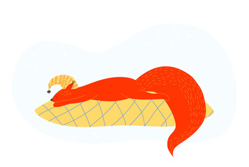 A cute squirrel with a fluffy tail in a nightcap sleeps on a large pillow. Vector illustration