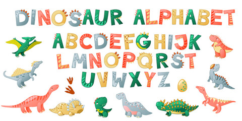 Cartoon cute Dinosaur alphabet. Dino font with letters. Children Vector illustration for t-shirts, cards, posters, birthday party events, paper design, kids and nursery design