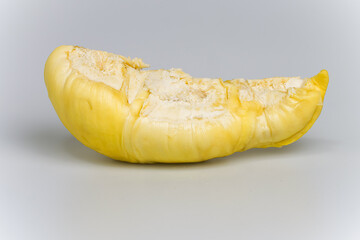 Top view front side of fresh yellow color traditional Thai durian sweet fruit by nature product isolated in white background.