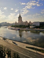 Morning light on Moskva river with beautiful city scene reflecting on water.