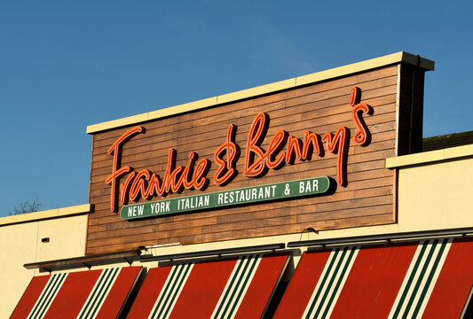 Pontypridd, Wales - December 2017: Sign above the entrance of a branch of the Frankie & Benny's chain of Italian style restaurants.