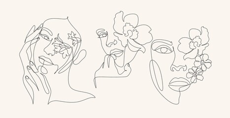 Line Art Woman With Flowers. Head Of Flowers Line drawing. Flower Woman Vector.   Minimal Abstract portrait female