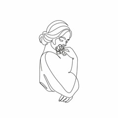 Line Art Woman With Flowers. Head Of Flowers Line drawing. Flower Woman Vector.   Minimal Abstract portrait female