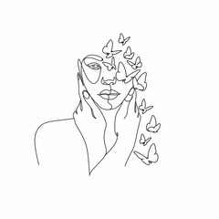 Woman face with butterfly by one line drawing. Abstract Portrait minimalistic style.  Botanical print. Nature symbol of cosmetics. Modern continuous line art.  Fashion print. Beaty salon art