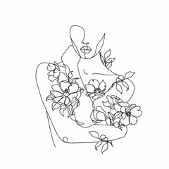 Line Art Woman With Flowers. Head Of Flowers Line drawing. Flower Woman Vector.   Minimal Abstract portrait female