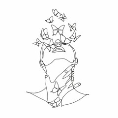 Woman face with butterfly by one line drawing. Abstract Portrait minimalistic style.  Botanical print. Nature symbol of cosmetics. Modern continuous line art.  Fashion print. Beaty salon art