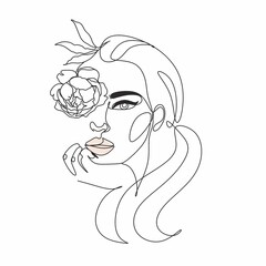 Face with flowers Line drawing art. Woman face Vector. Minimalist female Portrait. Beauty salon Logo. Modern Artwork. Fashion Print