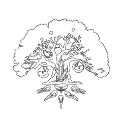 Fototapeta premium Magic tree vector line drawing. Mystical witch tree with crystals, baby embryos, oysters, crow skulls and moths
