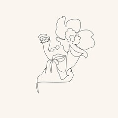 Surreal Face Continuous line, drawing face and hairstyle with flower, fashion concept, woman beauty minimalist, vector illustration pretty sexy. Contemporary portrait