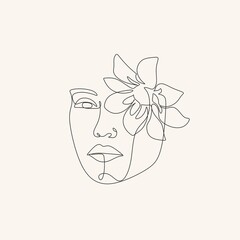 Surreal Face Continuous line, drawing face and hairstyle with flower, fashion concept, woman beauty minimalist, vector illustration pretty sexy. Contemporary portrait