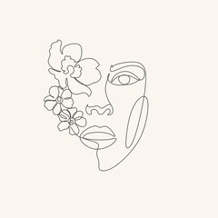 Surreal Face Continuous line, drawing face and hairstyle with flower, fashion concept, woman beauty minimalist, vector illustration pretty sexy. Contemporary portrait