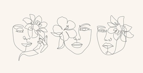 Surreal Face Continuous line, drawing face and hairstyle with flower, fashion concept, woman beauty minimalist, vector illustration pretty sexy. Contemporary portrait