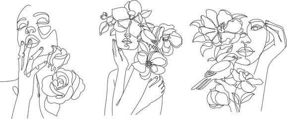 Fototapeta na wymiar Line Art Woman With Flowers. Head Of Flowers Line drawing. Flower Woman Vector. Minimal Abstract portrait female