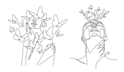 Woman face with butterfly by one line drawing. Abstract Portrait minimalistic style.  Botanical print. Nature symbol of cosmetics. Modern continuous line art.  Fashion print. Beaty salon art