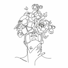 Abstract woman  face with bird and flowers by one line drawing. Portrait minimalistic style.  Botanical print. Nature symbol of cosmetics. Modern continuous line art.  Fashion print. Beaty salon art
