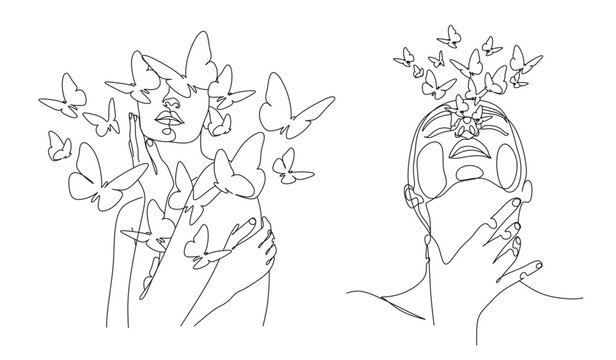 Fototapeta Woman face with butterfly by one line drawing. Abstract Portrait minimalistic style.  Botanical print. Nature symbol of cosmetics. Modern continuous line art.  Fashion print. Beaty salon art