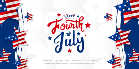 Happy fourth of July trendy custom hand-lettering, typography design with stars on star shape USA flag background template.
