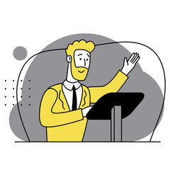 Happy man gives a speech. Personnel training. Business Development Conference. Consultation of a professional. Promotion of the idea. Completed task. Modern flat illustration.