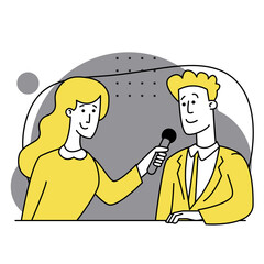 Interview. Man and woman sitting at table. Job interview conversation. HR manager and employee candidate meeting and talking. Business or human resource concept. Modern flat illustration.