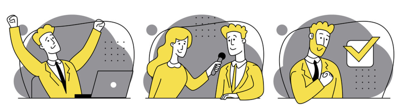 Job interview conversation. Happy man completed task and triumphing with raised hands. Successful well done work. Completed task. Collection of business scenes at office. Outline flat illustration.