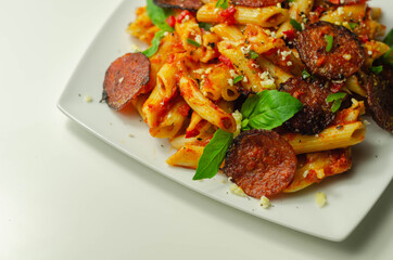 Pennette pasta in a spicy tomato sauce with sliced pepperoni, mozzarella, and mature cheddar cheeses