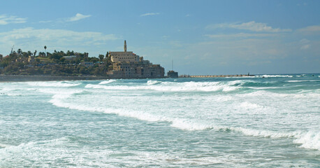 View of Jaffa from the Tel Aviv Promenade, Israel. The port town is on the Mediterranean coast. 